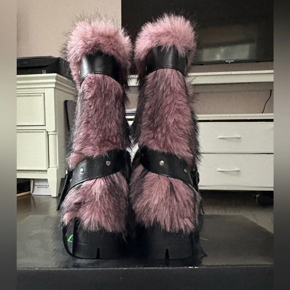 Dolls Kill Pink Faux Fur Platform Boots with Black Strap Details